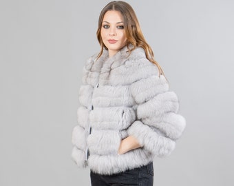 Real Fox fur jacket with leather details in gray color