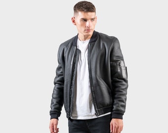 Black Sheepskin Bomber Jacket: Suede Leather Fur Lined
