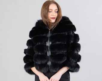 Real Fox Fur Jacket In Black Color