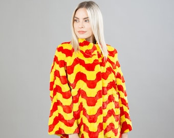 Veste en fourrure de vison véritable à motif rouge - jaune
