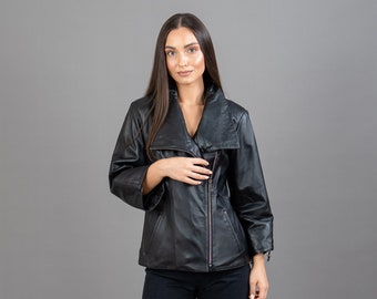 Leather Jacket In Black Color With A Thick Collar Women's Leather Jacket Leather Waistcoat