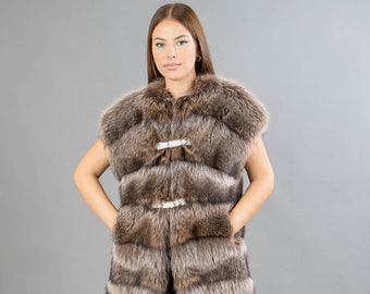 Real Raccoon Fur Vest In Brown Color