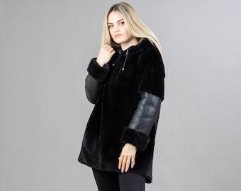 Black Reversible Sheepskin Coat With A Hood