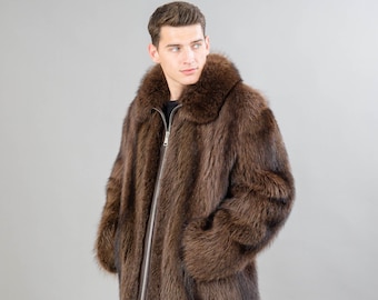 Real Raccoon Fur Coat Men's In Brown Color With A Fur Collar