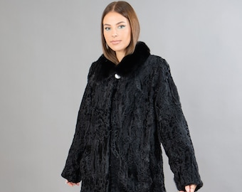 レザージャケット・コート Black Astrakhan Lamb Fur Karakul Biker Jacket Real Astrakhan Fur Jacket in Black Color With Mink Fur