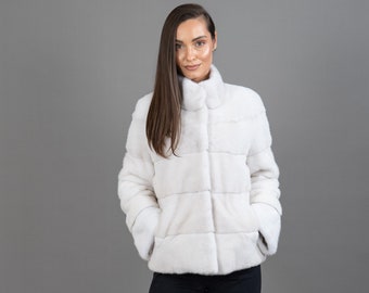 Giacca di pelliccia di visone corta bianca Cappotto di pelliccia invernale da donna