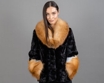 Black Mink Fur Jacket: Red Fox Fur Collar & Sleeves