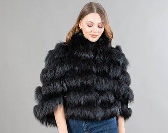 Genuine Fox Fur Cape With Rabbit Fur Details In Black Color