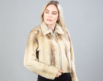 Beige minkpälsjacka med krage - Storlek Small