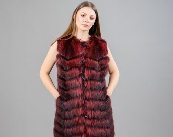 Long Raccoon Fur Vest in Red Color