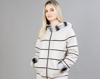 Beige Reversible Leather Jacket With Rabbit Fur Hood
