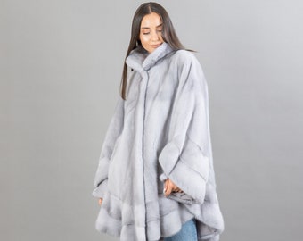 Gray Mink Fur Coat With A Mink Collar And Bell-Type Fur Sleeves