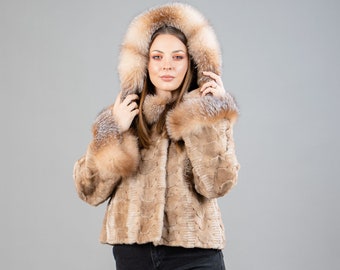 Beige Mink Fur Jacket with Fox Fur Hood & Sleeves