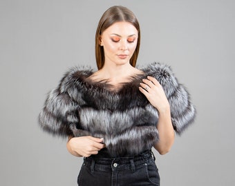 Real Silver Fox Fur Shawl With Rabbit Fur Details