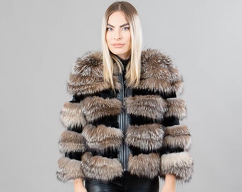 Brown fox fur jacket with rabbit fur details