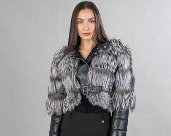 Silver short fox fur jacket with leather