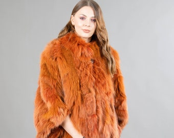Genuine Fox Fur Cape Coat In Orange Color With A Fluffy Fur Collar