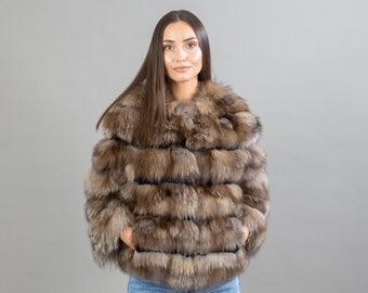 Light Brown Fox Fur Jacket With Rabbit Fur Details