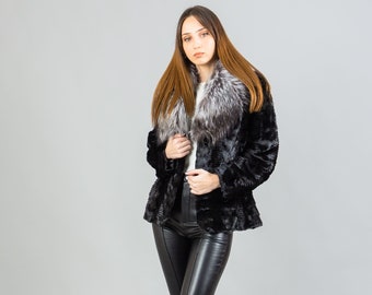 Real Sheared Black Mink Fur Jacket With Fox Fur Collar Women Winter Warm Elegant