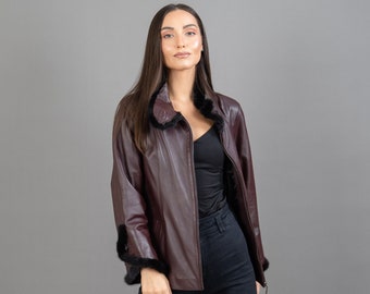 Burgundy Leather Jacket With Mink Fur Details Women's Leather Jacket