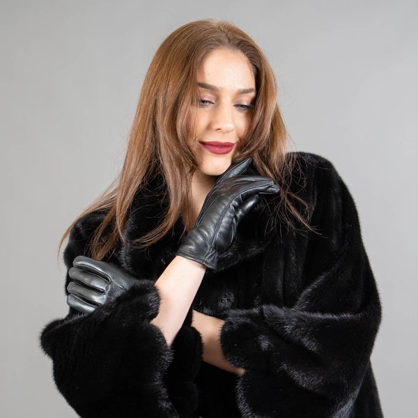 Gants d'hiver en cuir pour femmes de couleur noire