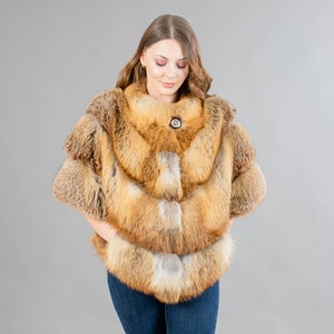 Fluffy Real Fox Fur Cape With Hood and Leather Belt. Winter Fluffy Real Fox Fur Cape With Hood and Leather Belt. Winter