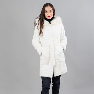 Real Rabbit Fur Coat With Fox Fur Details In White Color