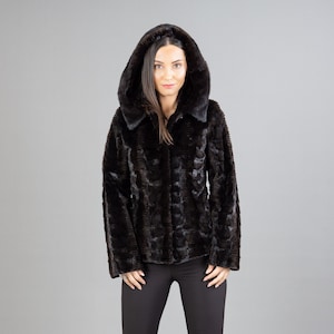 Black Hooded Mink Fur Jacket With A Leather Belt