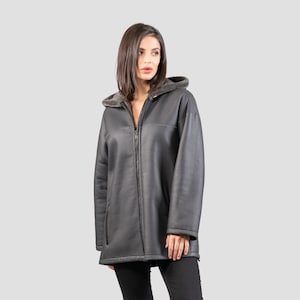 Hooded sheepskin jacket in dark gray color