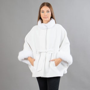 White Cashmere Cape With Real Fox Fur Details