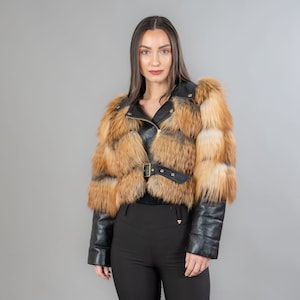 Red short fox fur jacket with leather