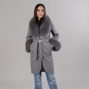 Gray Alpaca Coat With Fox Fur Details