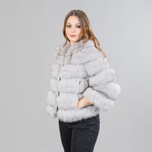 Real Fox fur jacket with leather details in gray color