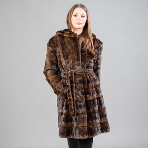 Brown Hooded  Mink Fur Coat With A Belt