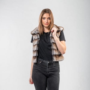 Beige Mink Fur Vest: Striped Pattern, Made in Greece
