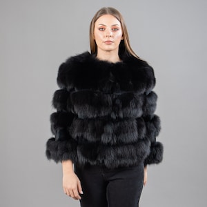 Black Fox Fur Jacket with Rabbit Fur Details