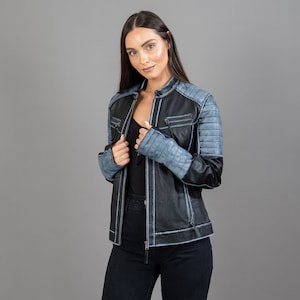 Blouson en cuir bleu gris pour femme Blouson motard bleu