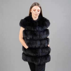 Black Fox Fur Vest with Rabbit Fur Details