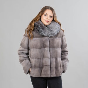 Real Mink fur jacket with a hood in gray color