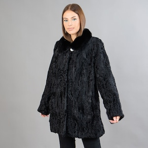 Real Astrakhan Fur Jacket  In Black Color With Mink Fur Collar