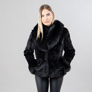 Rabbit fur jacket with fox fur details in black color