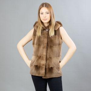Adrienne Landau Size M Brown Rabbit Fur Pockets Longline Vest