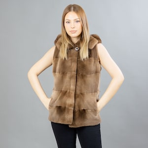 Adrienne Landau Size M Brown Rabbit Fur Pockets Longline Vest