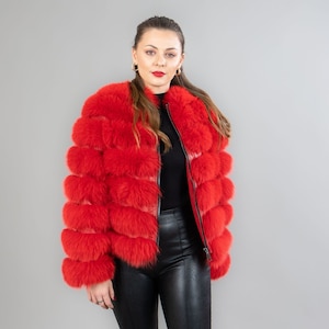Red fox fur jacket with leather details
