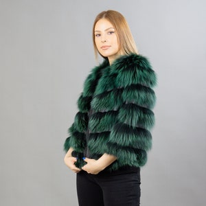 Real Fox Fur Jacket In Green Color With Leather Details