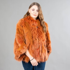 Genuine Fox Fur Cape Coat In Orange Color With A Fluffy Fur Collar