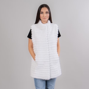 White Mink Fur Vest with Leather Accents: Handmade in Greece