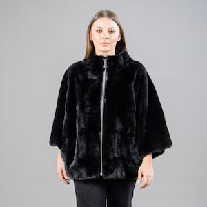 Real Mink Fur Cape In Black Color With Outer Side Pockets