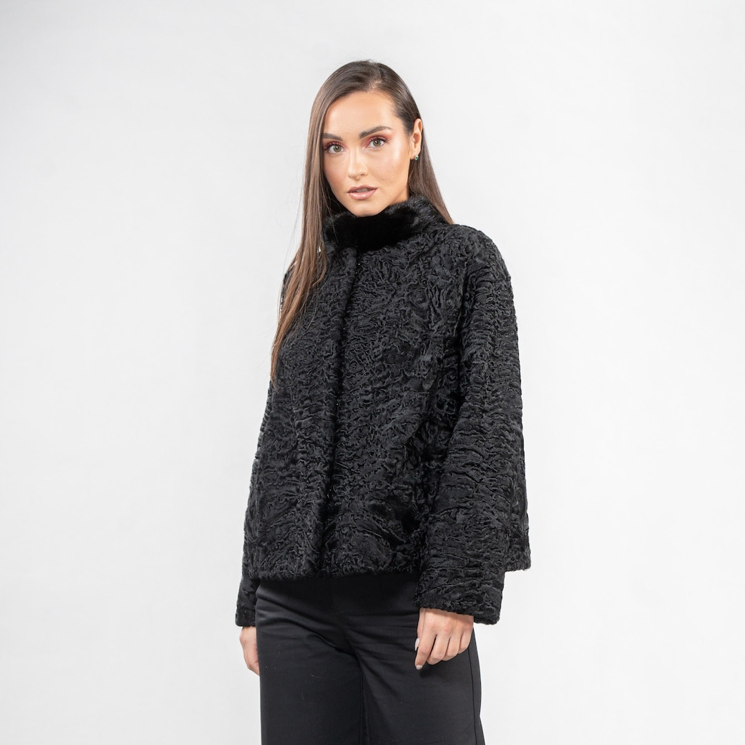 Black Astrakhan Fur Jacket With Mink Fur Details - Etsy