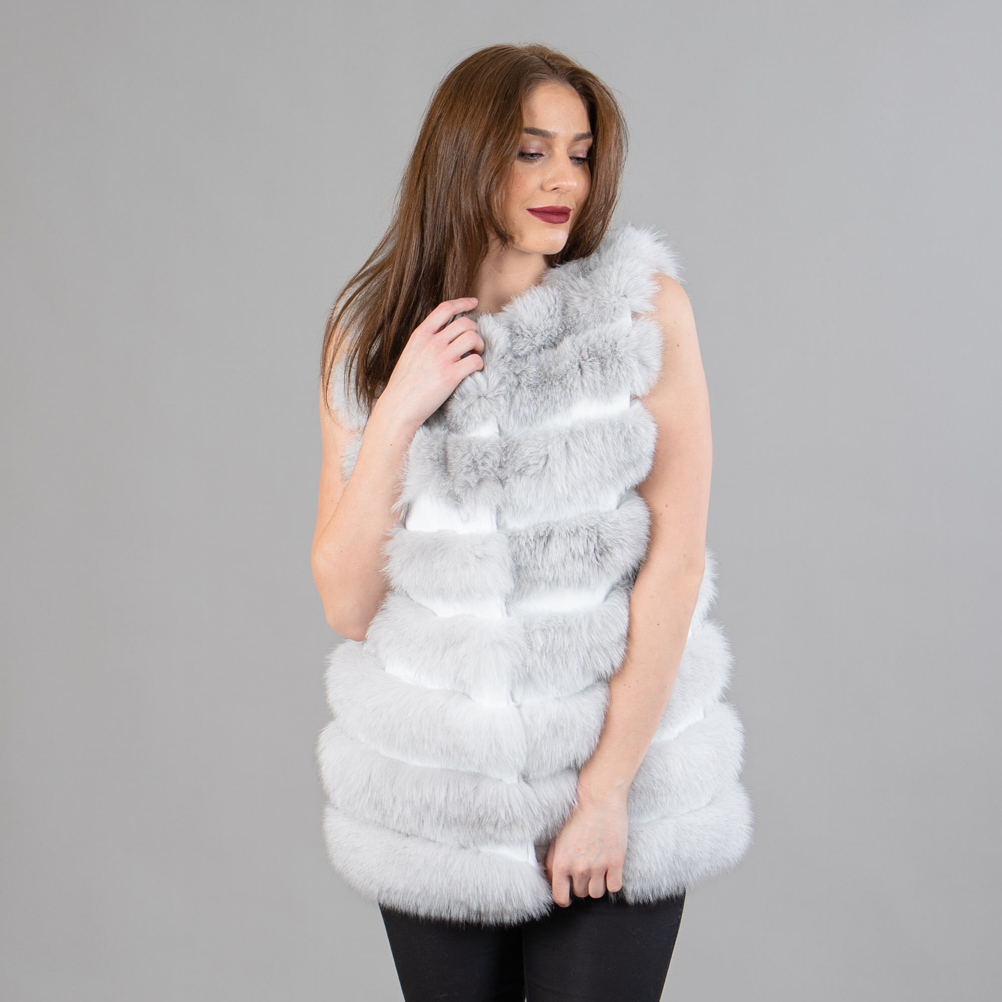 Real Fox Fur Vest With Real Leather Details in Gray Color Etsy